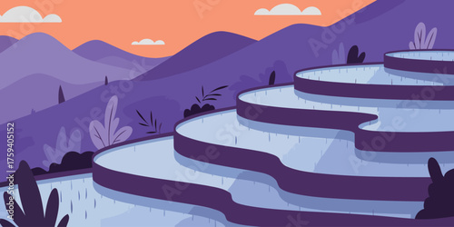 Dreamy landscape illustration of cascading rice terraces and distant mountains, evoking a sense of tranquility and natural beauty for travel and tourism marketing