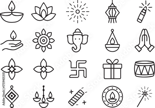 Collection of diwali icons lamps fireworks offerings gifts and symbols for festive celebrations