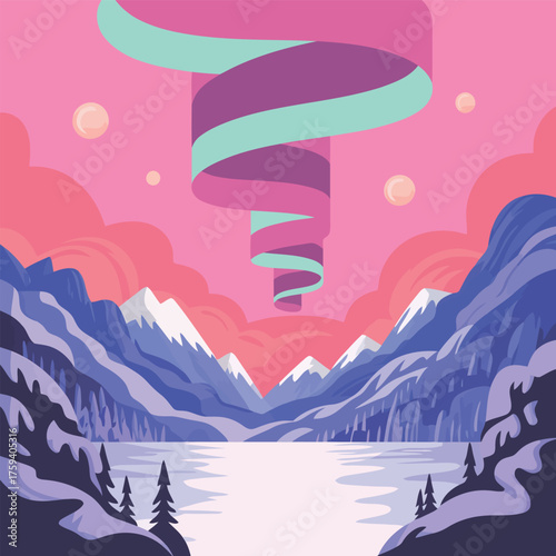 Dreamy winter landscape art with snowy mountains, frozen lake, aurora borealis spiral, and pastel skies, ideal for serene backgrounds and whimsical designs