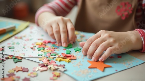 Childs Hands Assembling a Colorful Puzzle on a Table.