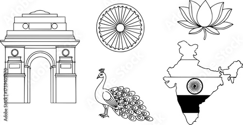 Black and white outline set of India's national symbols: India Gate, Ashoka Chakra, Lotus flower, Peacock, and a map of India with flag elements, suitable for coloring.