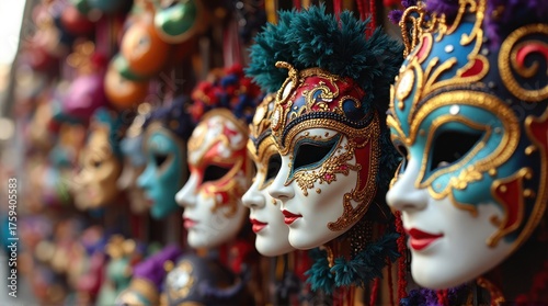 Intricate Venetian Masks Displayed in a Row, Colorful and Detailed.