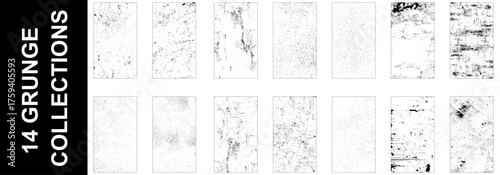 Collection of 14 grunge dust and scratch wall texture. Vector bundle.