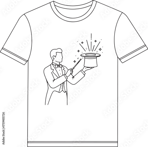 Minimal line art magician with top hat magic trick illustration on white T-shirt design