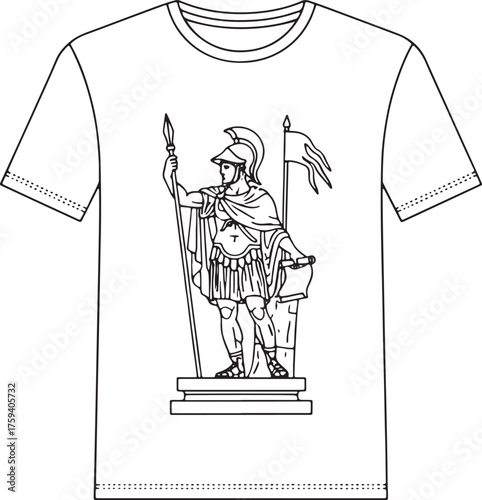Roman Statue Printed T-Shirt Vector Illustration with Ancient Armor and Spear Design