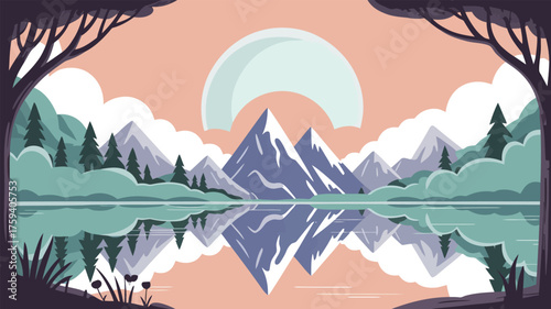 Serene mountain lake reflecting majestic peaks under a pastel sky, evoking tranquility and natural beauty for peaceful contemplation and outdoor inspiration.