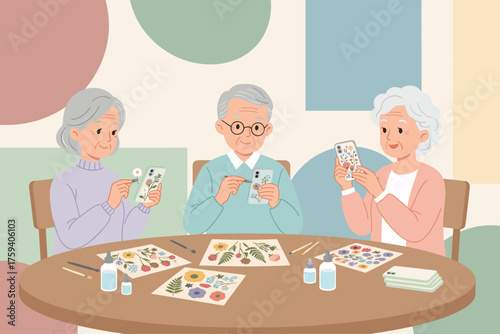 Happy seniors crafting unique flower phone cases a delightful hobby for active elderly