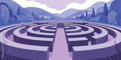 Vast circular maze entrance beckons towards distant serene mountains under a pale sky inviting adventure and strategic thinking