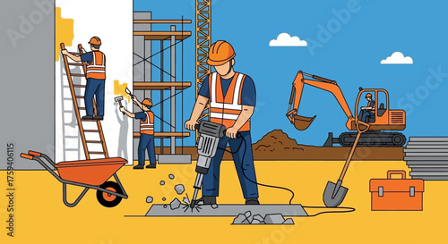 Construction site with workers jackhammer excavator and scaffolding Industrial development and labor
