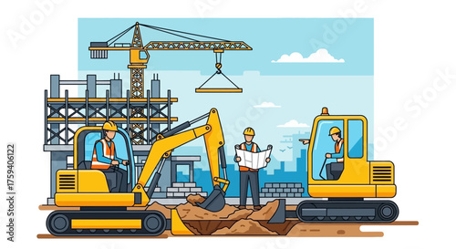 Construction workers and heavy machinery at an urban building site illustrating development
