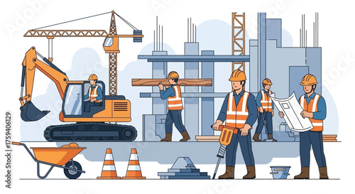 Construction workers operate machinery and build structures Teamwork and industry at a building site