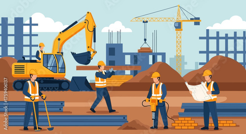 Construction workers and heavy machinery building on site Industry development and progress concept