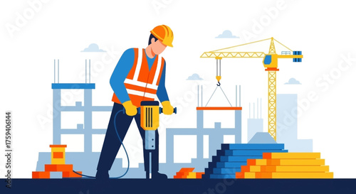 Construction worker using jackhammer at a building site Urban development industry and progress