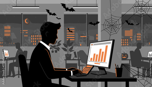 Businessman works late in a Halloweenthemed office at night analyzing business data with city views