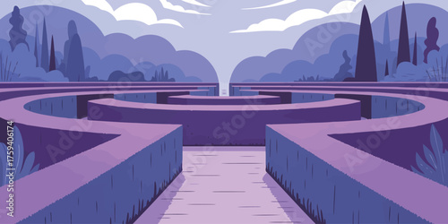 Journey through a stylized, abstract maze with purple hedges and a path leading to distant horizons, evoking discovery and exploration.