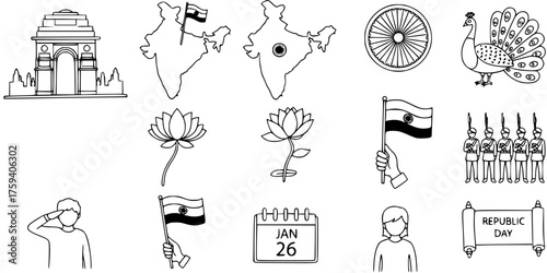 Patriotic Indian Republic Day Celebration Icons Set: National Symbols, Monuments, Flag, Peacock, Lotus, Map, and January 26 Date