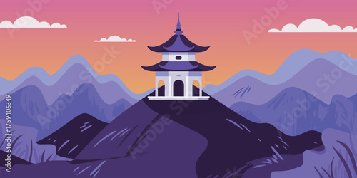 Serene pagoda atop a majestic mountain peak under a vibrant sunset sky, symbolizing tranquility and spiritual elevation in a beautiful landscape.
