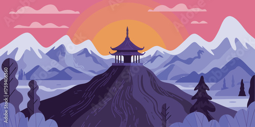 Serene mountain landscape features traditional pagoda against vibrant sunset and snow capped peaks