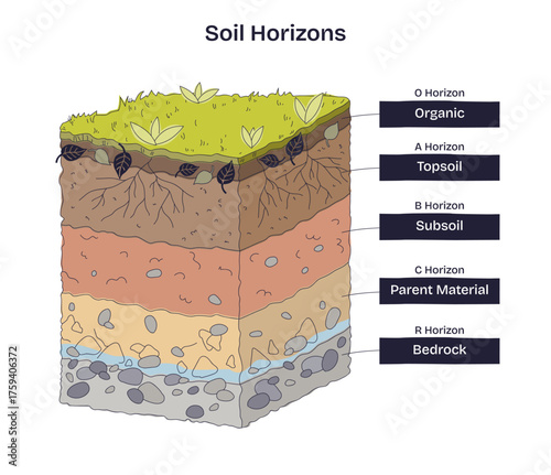 Soil horizons overview shows layers from organic O to bedrock, explaining soil formation and nutrient flow, key objects, topsoil, subsoil, bedrock. Doodle style diagram