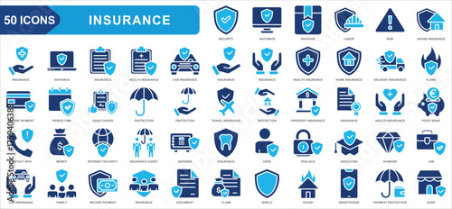 Insurance collection icon set. Security, Bank, Contingency, Education, House, Claim. Simple flat vector.