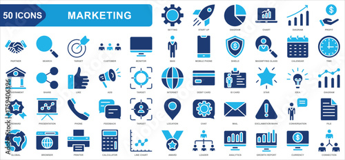 Marketing collection icon set. Start up, Diagram, Chart, Partner, profit, Target, Customer. Simple flat vector.