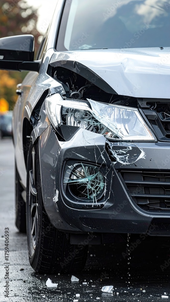 Fototapeta premium Damaged Silver Car Front End After Accident