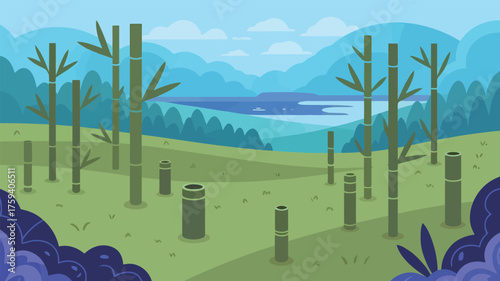 Serene bamboo forest landscape with rolling blue hills and distant water creating a peaceful, natural scene perfect for tranquil themes.
