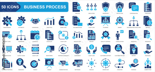 Business process collection icon set. Employees, Analyze, insurance, Protection, Conversation, Checklist, Report. Simple flat vector.