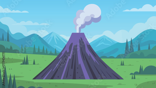 Vibrant cartoon volcano erupting with smoke, majestic mountains in background, serene landscape, perfect for travel, nature, or educational content