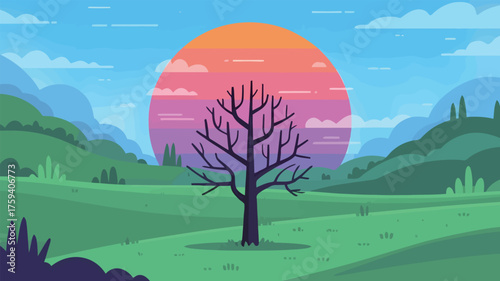 Stunning sunset over rolling hills with vibrant colors and a bare tree, perfect for nature lovers and serene landscapes
