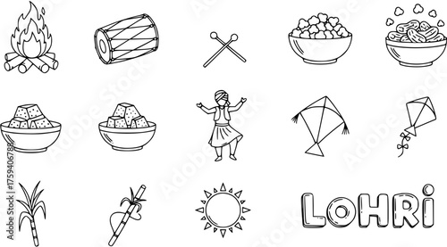 Hand-drawn outline vector illustrations for Lohri festival. Set includes bonfire, dhol drum, popcorn, peanuts, gajak, sugarcane, kites, sun, dancer, and text 'Lohri'.