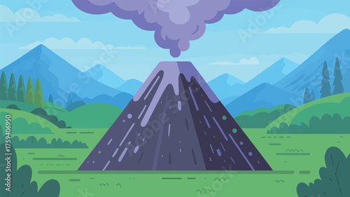 Cartoon volcano erupting in a scenic landscape with mountains and trees, perfect for educational materials or nature-themed projects or presentations