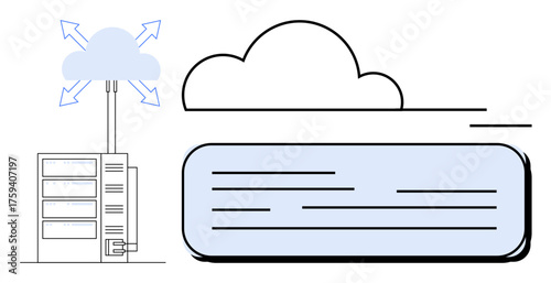 Server box connected to a cloud via multiple arrows showing data transfer. Ideal for cloud computing, data migration, networking, technology, connectivity, SaaS, simple flat metaphor