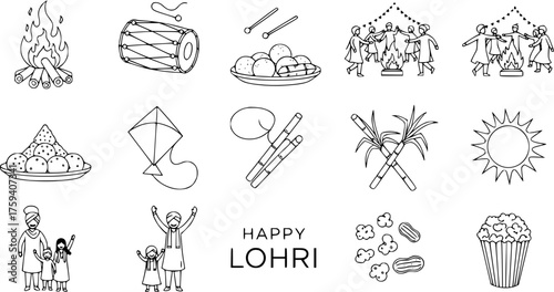 Lohri Festival Icons Set: Bonfire, Dhol, Traditional Food (Sweets, Popcorn, Peanuts), Sugarcane, Sun, Kites, and Celebrating People. Hand-drawn Outline Illustrations.