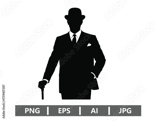 Vector art of silhouette of a man in a suit and bowler hat holding a cane