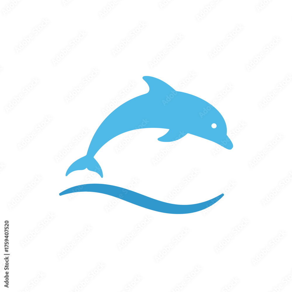 Fototapeta premium Blue dolphin jumping over a wave illustration on a white background.