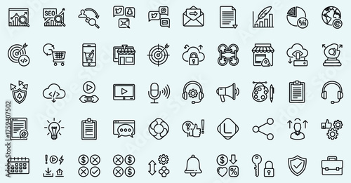 Collection of diverse outline icons representing technology business nature and communication on a light blue background with subtle texture