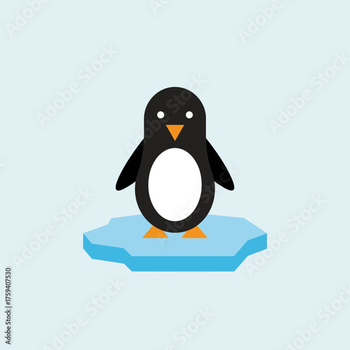 Cartoon penguin stands on a small ice floe against a light blue background.