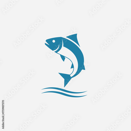 Blue fish jumping above water waves against a light background simple design.