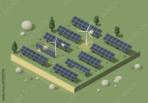 Solar Panels and Wind Turbines Generating Renewable Energy