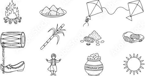 Lohri and Makar Sankranti Line Art Doodles. Indian Harvest Festival Symbols: Bonfire, Kites, Dhol, Sugarcane, Peanuts, Punjabi Culture  Food. Outline Illustrations.