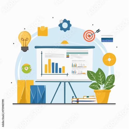 Business meeting presentation with charts and graphs on a flip chart, showcasing data analysis and strategy planning