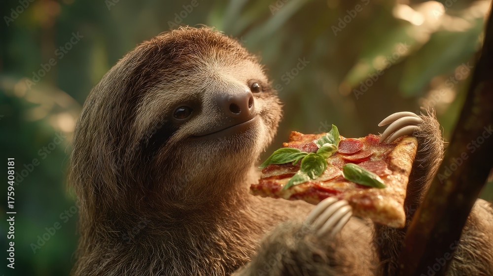 Obraz premium Humorous portrait: a smiling sloth holding a slice of pepperoni pizza