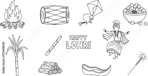 Happy Lohri vector illustration featuring traditional Indian harvest festival elements like bonfire, drum, kite, popcorn, dancer, sugarcane, and sparkler line art.