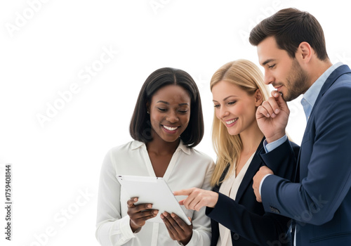 Business team working together with a tablet isolated on white