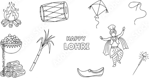Happy Lohri festival outline drawing with traditional elements: bonfire, dhol drum, kite, popcorn, sugarcane, Bhangra dancer, jutti, sparkler. Coloring book page vector.