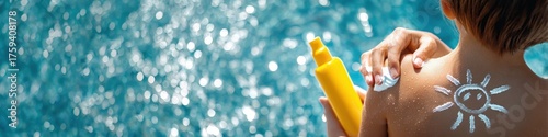 Sun drawing with sunscreen on a child's back by the pool: skin protection and vacation