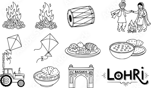 Lohri and Baisakhi Indian Harvest Festival Outline Vector Set. Traditional Punjabi Celebration Symbols including Bonfire, Dancing, Dhol, Kites, Food  Tractor.