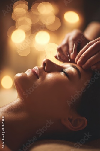 Wallpaper Mural Acupuncture Session: Close-up of a woman receiving needle treatment in a warm, serene setting Torontodigital.ca