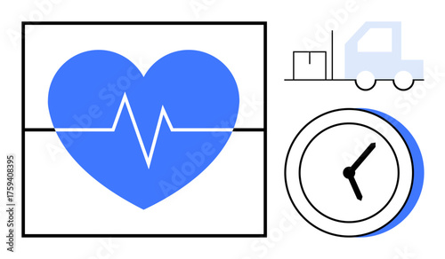 Heartbeat line inside heart, clock showing time, delivery truck. Ideal for healthcare, time efficiency, logistics, delivery systems, medical services, wellness simple flat metaphor